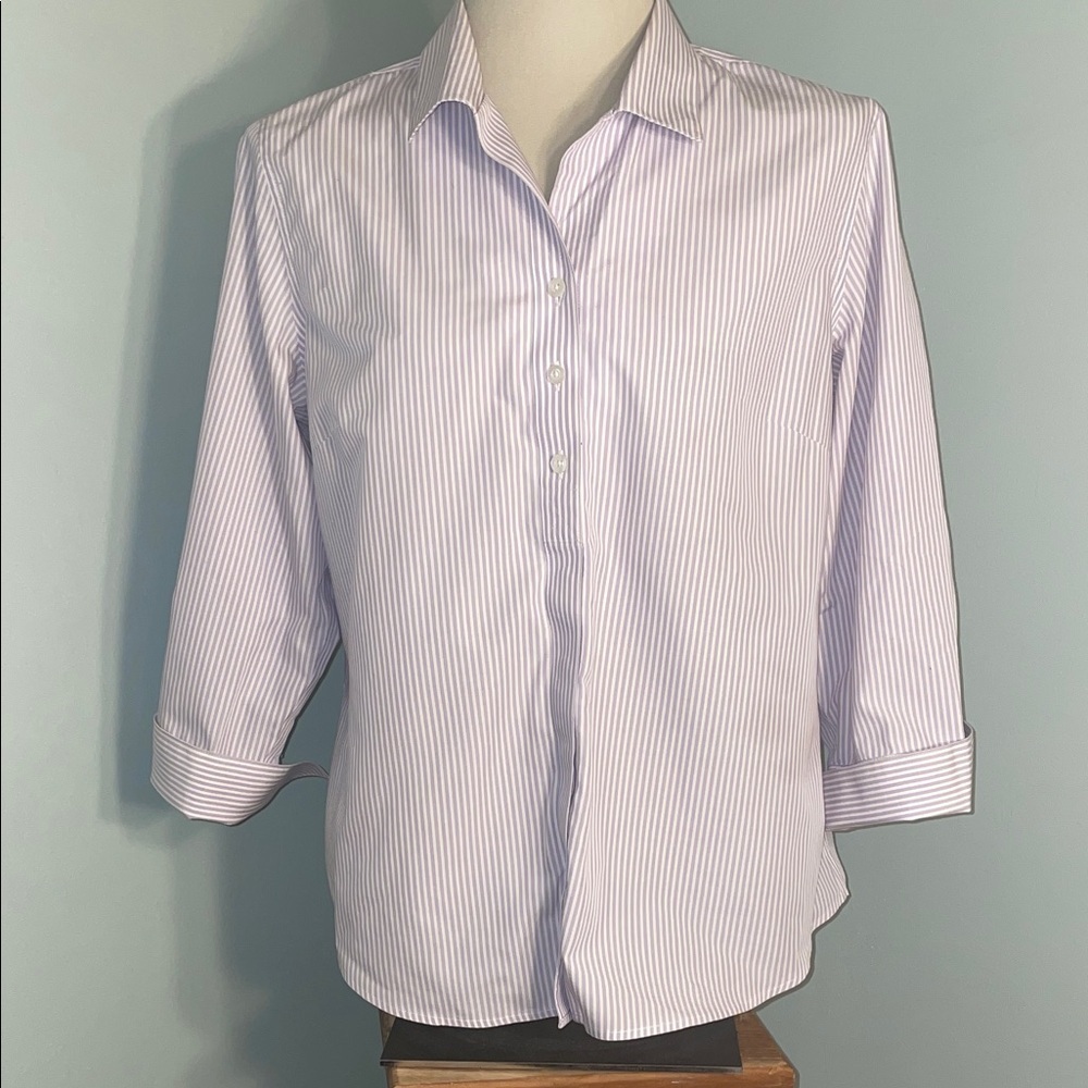 Chico's Lavender & White Striped Button Down Blouse. 3/4 Sleeve. Cotton. Sz 2/12